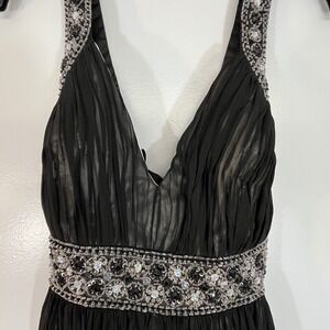 Night Scene Black Crinkle Chiffon Beaded Empire Waist Cocktail Dress XL Womens